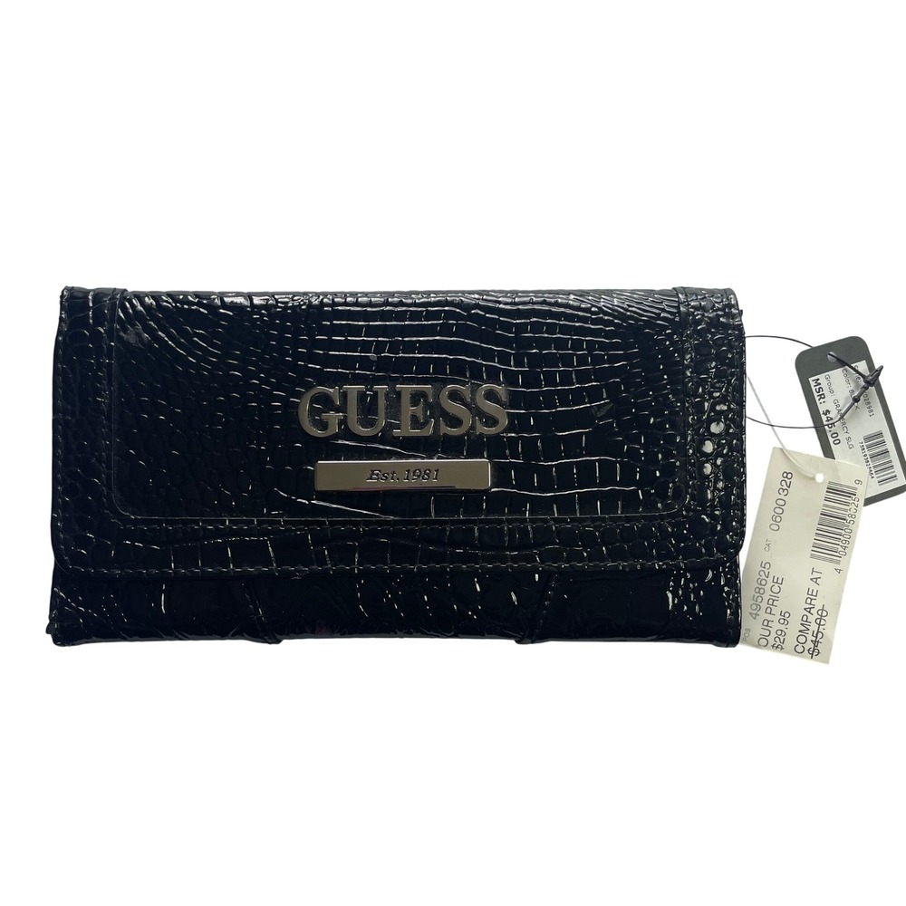 GUESS Gramercy SLG Wallet Black Croc Embossed Patent Faux Leather Trifold Women